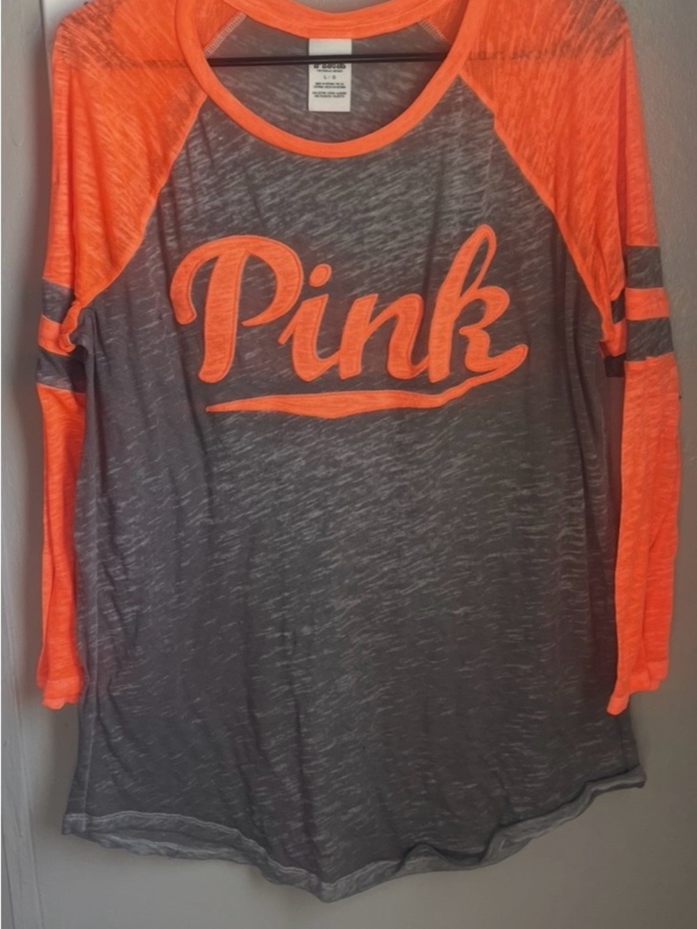 PINK Victoria's Secret Gray and Neon Orange Raglan Tee